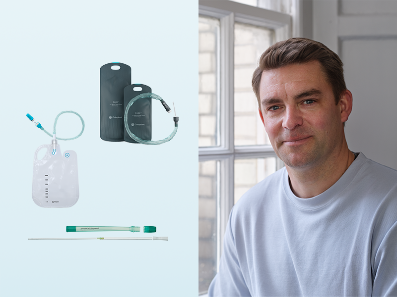 Links zeigt Coloplast Katheter Luja und SpeediCath und einem Mann vor einem Fenster auf der rechten Seite