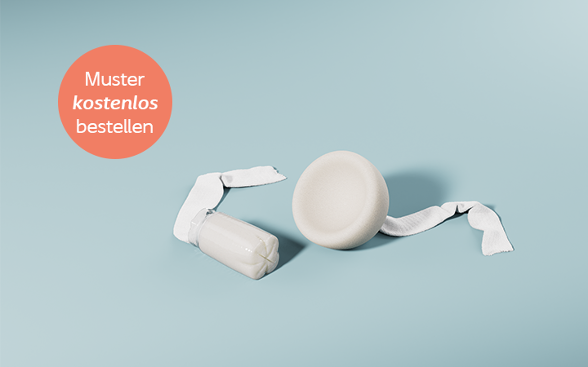 Peristeen Analtampon auf blauem Hintergrund mit orangenem Störer und Text Muster kostenlos bestellen